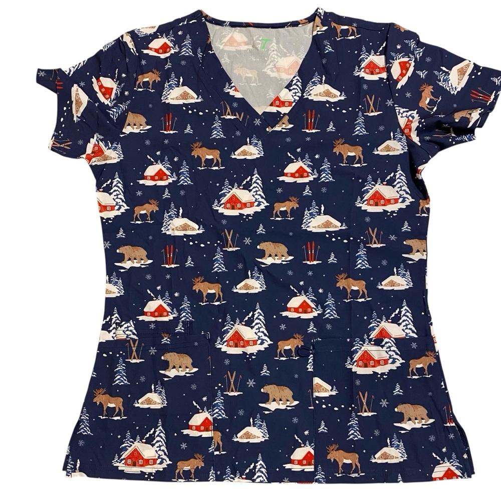 NWT, GT Performance Navy Winter Print V-Neck Scrub Top